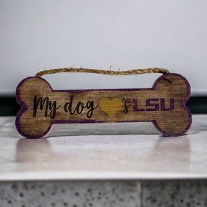 LSU Tigers My Dog Loves LSU Dog Bone Sign Plaque 4x12 Brown Purple Gold Decor